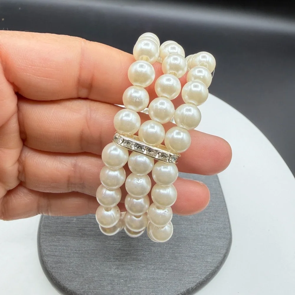 Three Strand Faux Pearl Rhinestone Stretch Bracelet Cuff Cream Statement Jewelry
